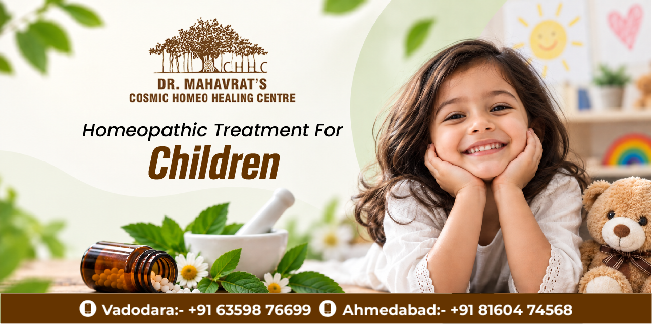 Smiling child at Cosmic Homeo Healing Centre banner for homeopathy treatment for children in Vadodara and Ahmedabad